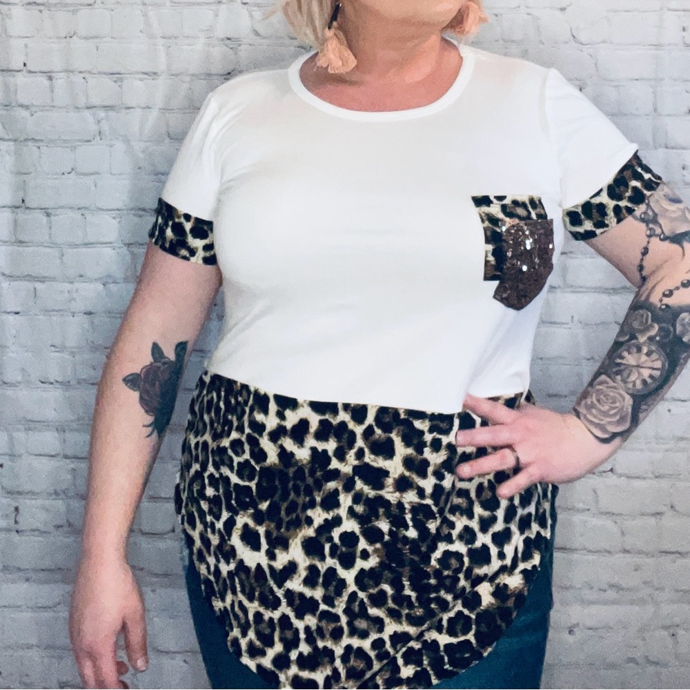 Heimish Leopard Trim Sequin Pocket Short Sleeve Top
